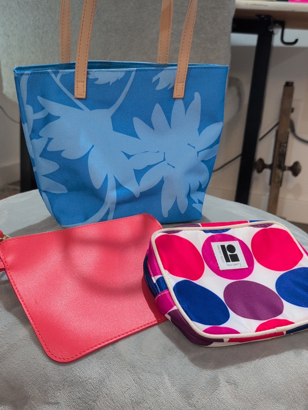 Estee Lauder Blue Floral Tote Bundle With Pink & Polka-Dot Pouches